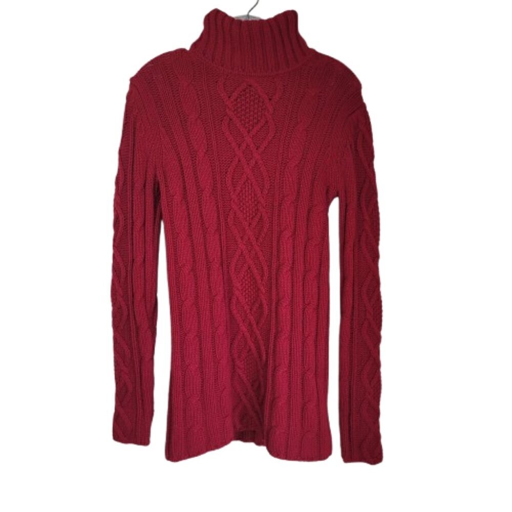 Eddie Bauer Red Wool Cable Knit Turtleneck Sweater Women's Medium Tall